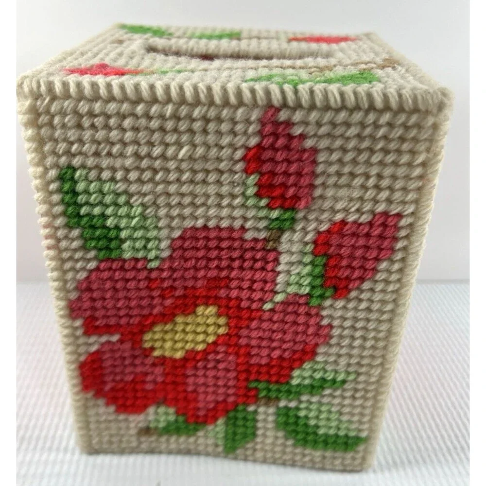 Vintage Needlepoint Tissue Cover Box Floral Plastic Canvas Finished Decor Granny
